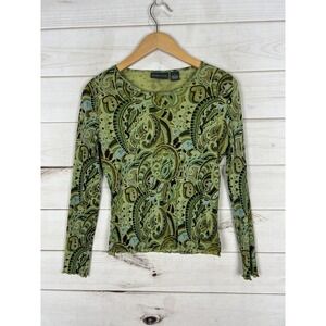 Relativity Shirt Womens Medium Green Paisley Sheer Lined Long Sleeve Top Y2K